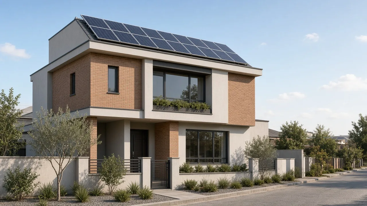 Contemporary two-story Iranian house with a rooftop solar array in late-afternoon light.