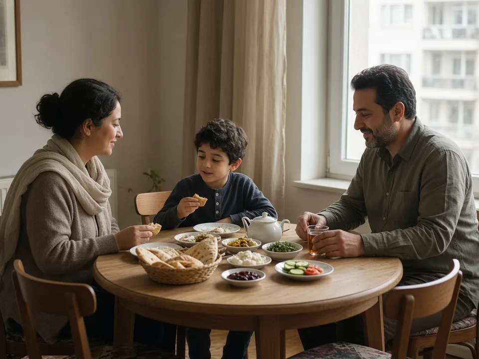 Iranian family having breakfast beside a bright window in a modest home.