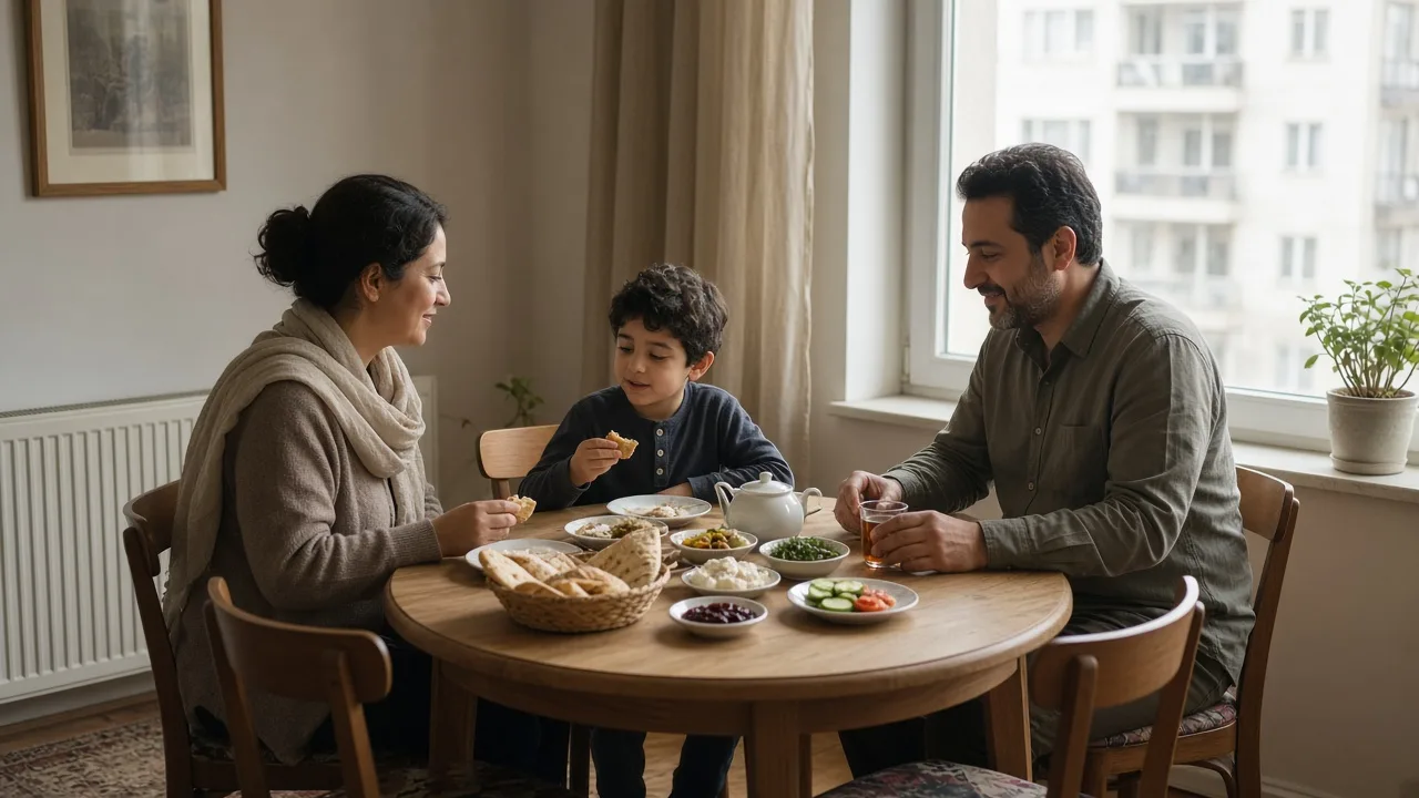 Iranian family having breakfast beside a bright window in a modest home.