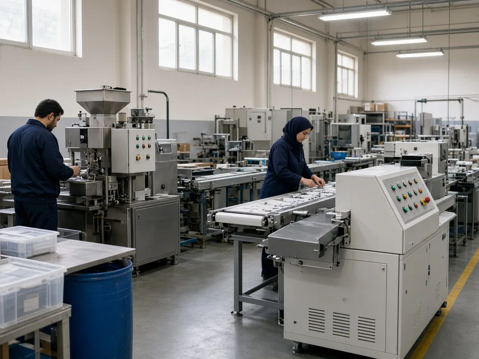 Staff working an orderly packaging line in a medium Iranian workshop.