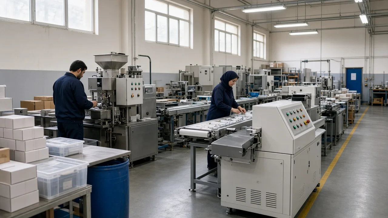 Staff working an orderly packaging line in a medium Iranian workshop.