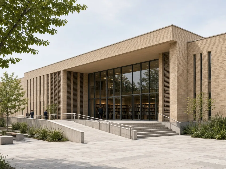 Entrance of a contemporary public library with an accessible approach and shaded seating.