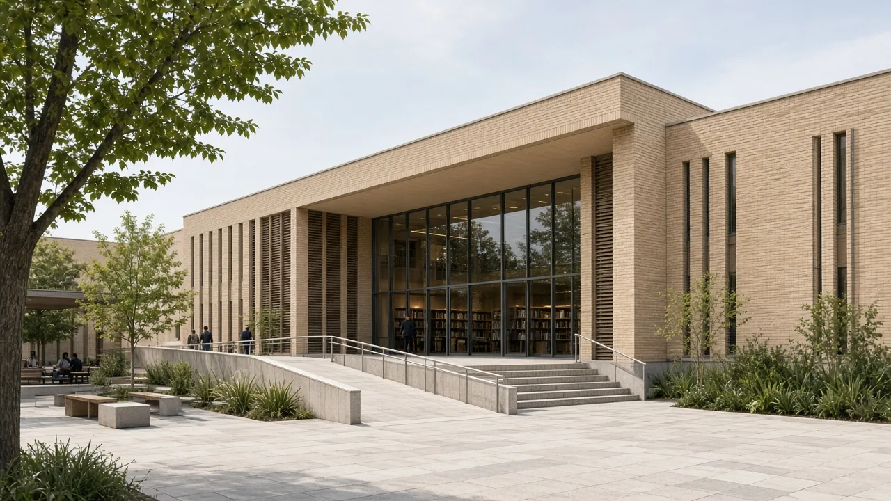 Entrance of a contemporary public library with an accessible approach and shaded seating.