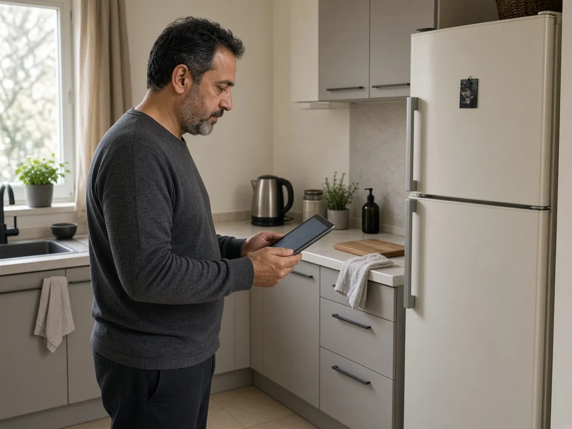 Homeowner reviewing household energy needs on a tablet in a modest kitchen.