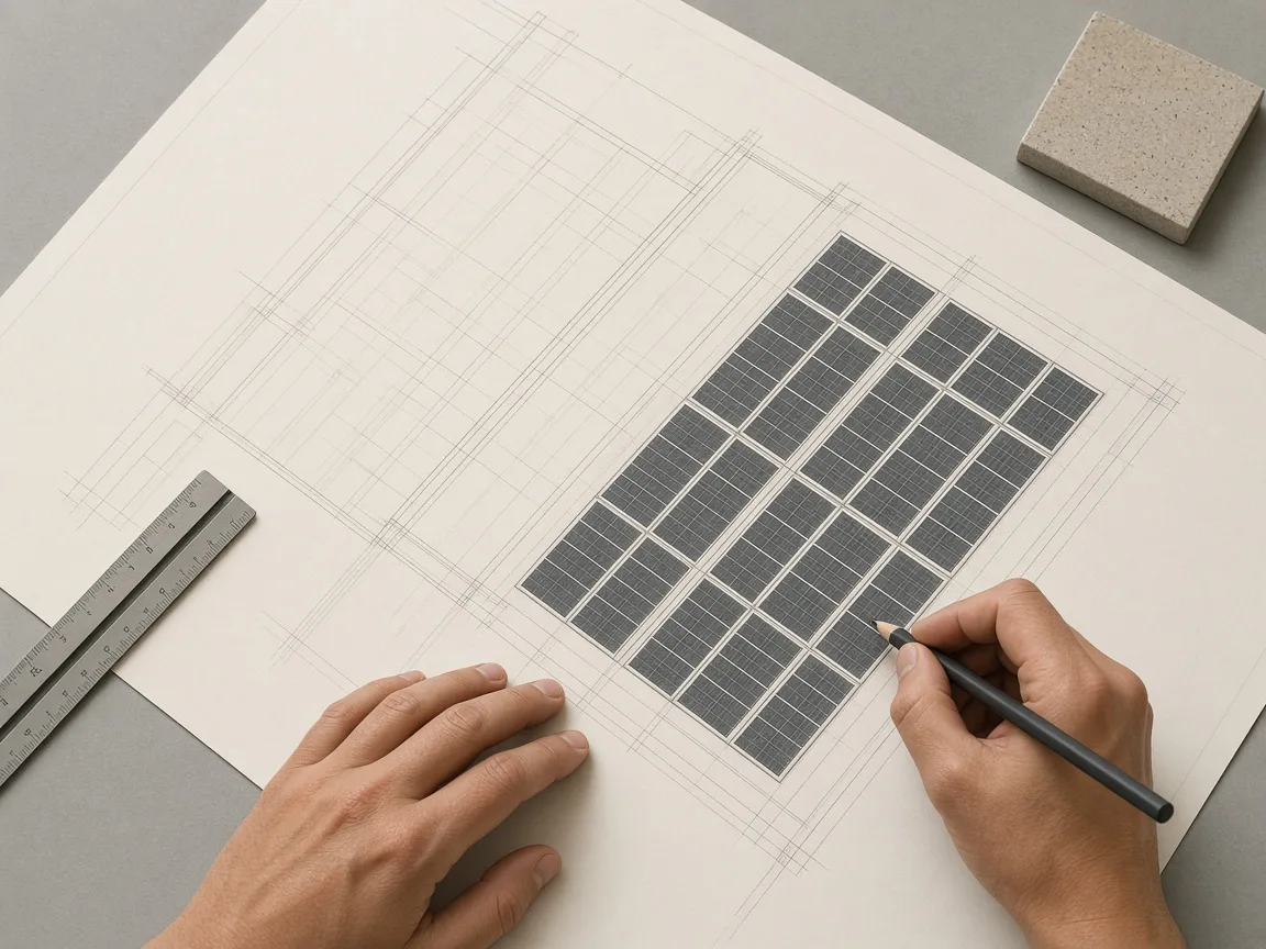 Hands marking a solar layout drawing on a drafting table.
