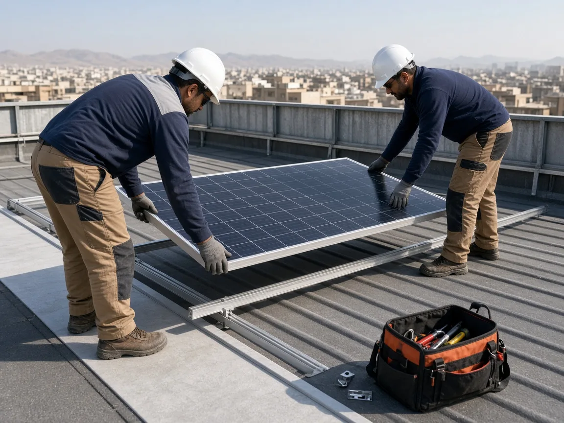 Two installers placing a solar module onto roof mounting rails.