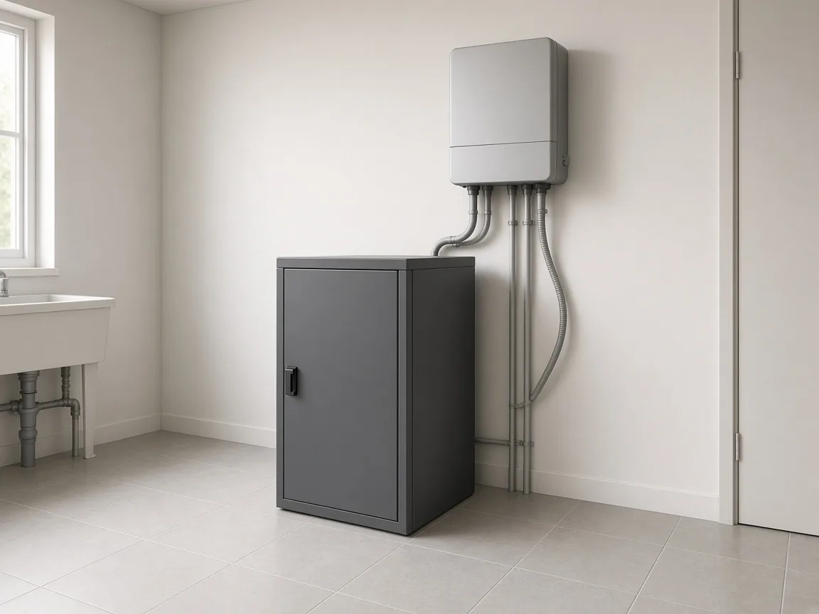 Unbranded residential battery cabinet and wall inverter in a utility room.