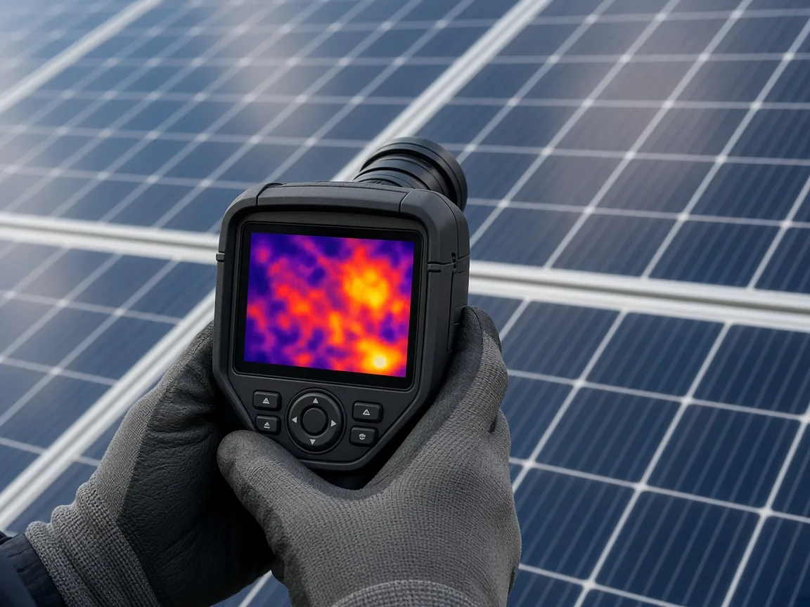 Gloved hands inspecting solar modules with a handheld thermal camera.