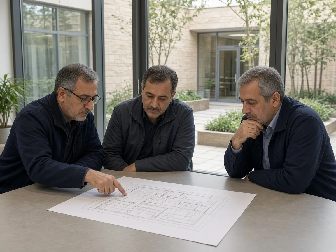 Three facilities staff reviewing an unmarked site plan in a municipal building.