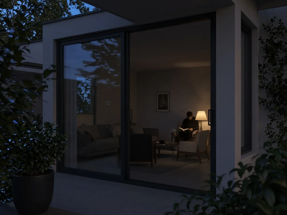 Blue-hour view from a terrace into a villa living room lit by one lamp.