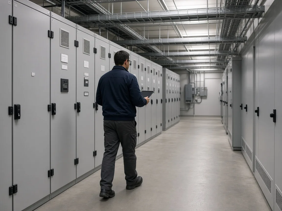 Engineer walking a commercial electrical room with closed cabinets.