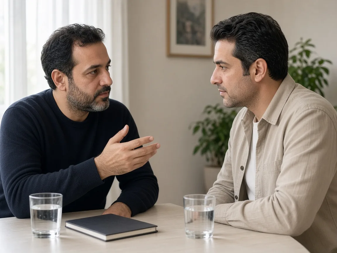 Homeowner and energy advisor talking at a small table with a notebook.