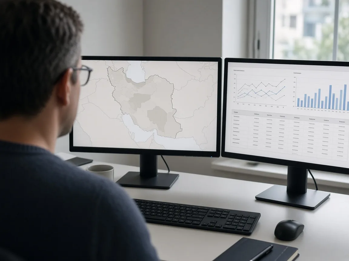 Analyst reviewing an unlabeled map of Iran and abstract charts on two monitors.