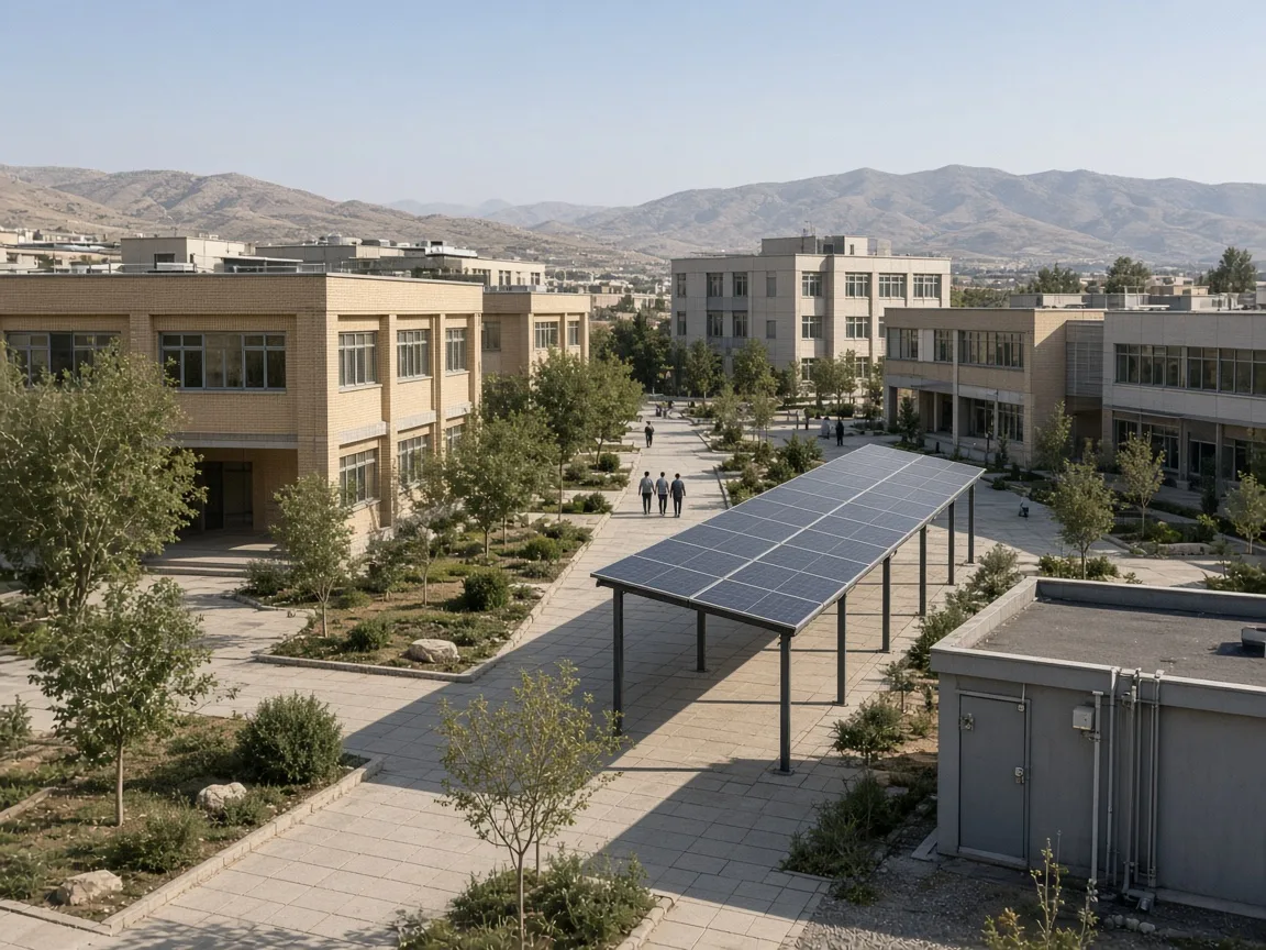 Elevated view of a compact campus with one solar canopy along a walkway.