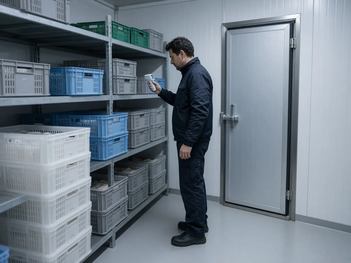 Operator checking a thermometer among crates in a refrigerated store.