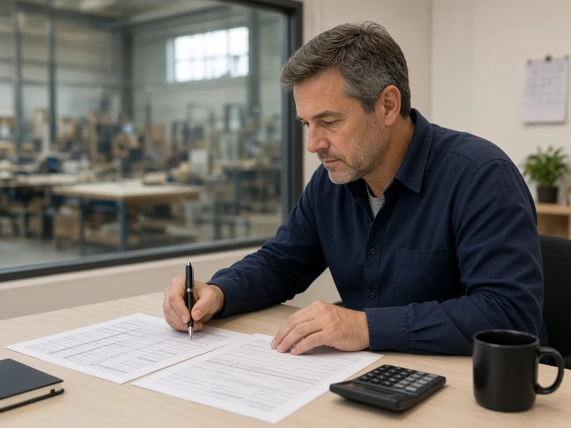 Manager reviewing unreadable worksheets at a desk overlooking a workshop.