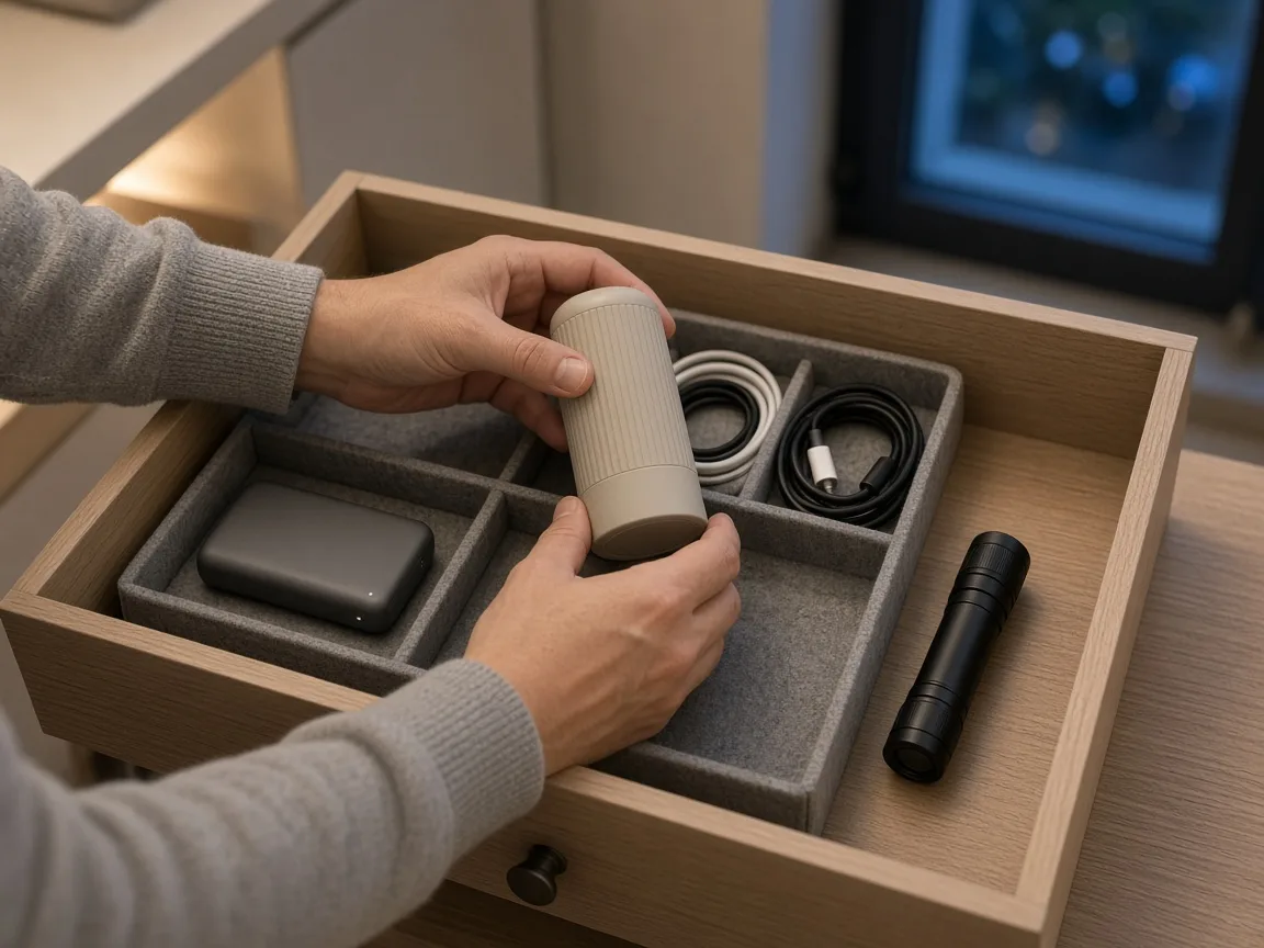 Hands organizing a portable lamp, power bank, and cables in a drawer.