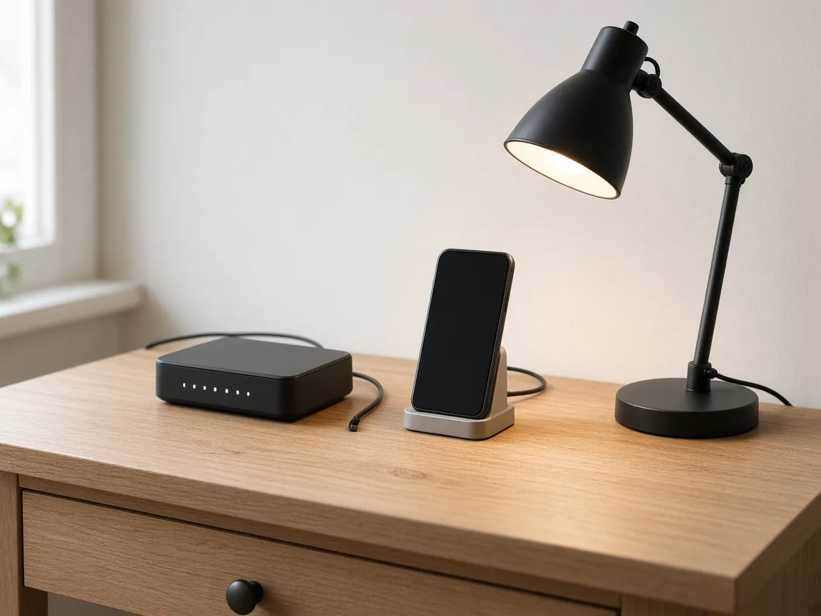 Router, charging phone, and a small lit task lamp on a wooden console.