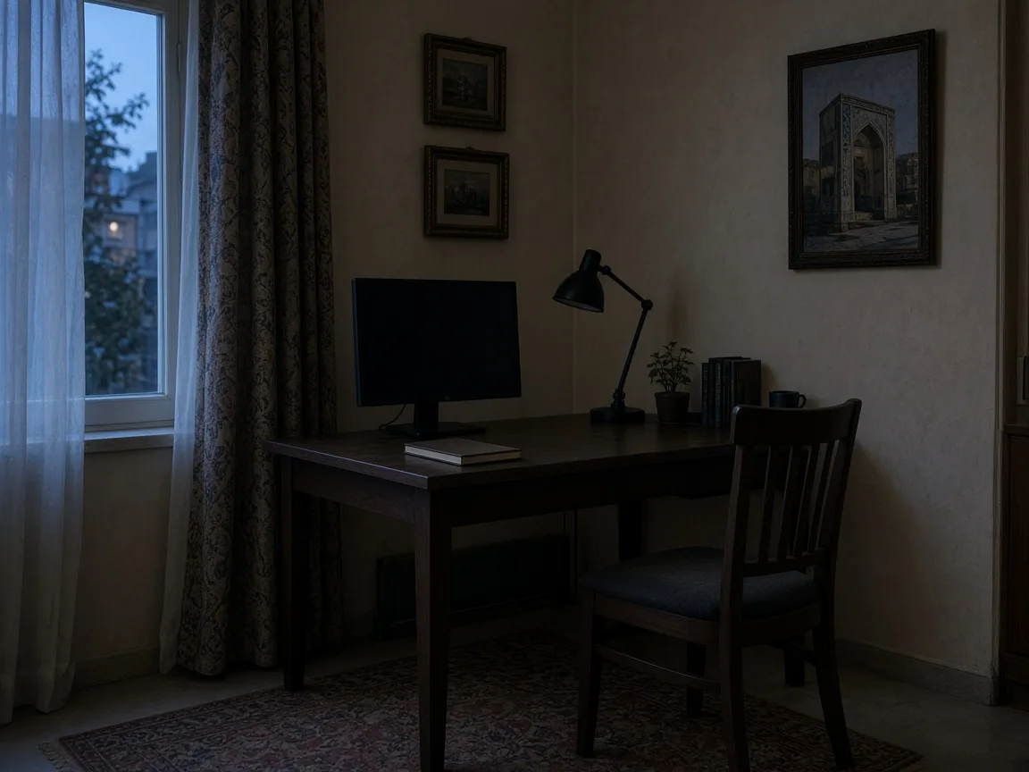 Dim home-office corner at twilight with a dark monitor and unlit lamp.