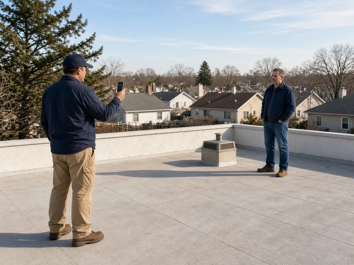 Surveyor measuring an empty residential roof terrace while a homeowner watches.