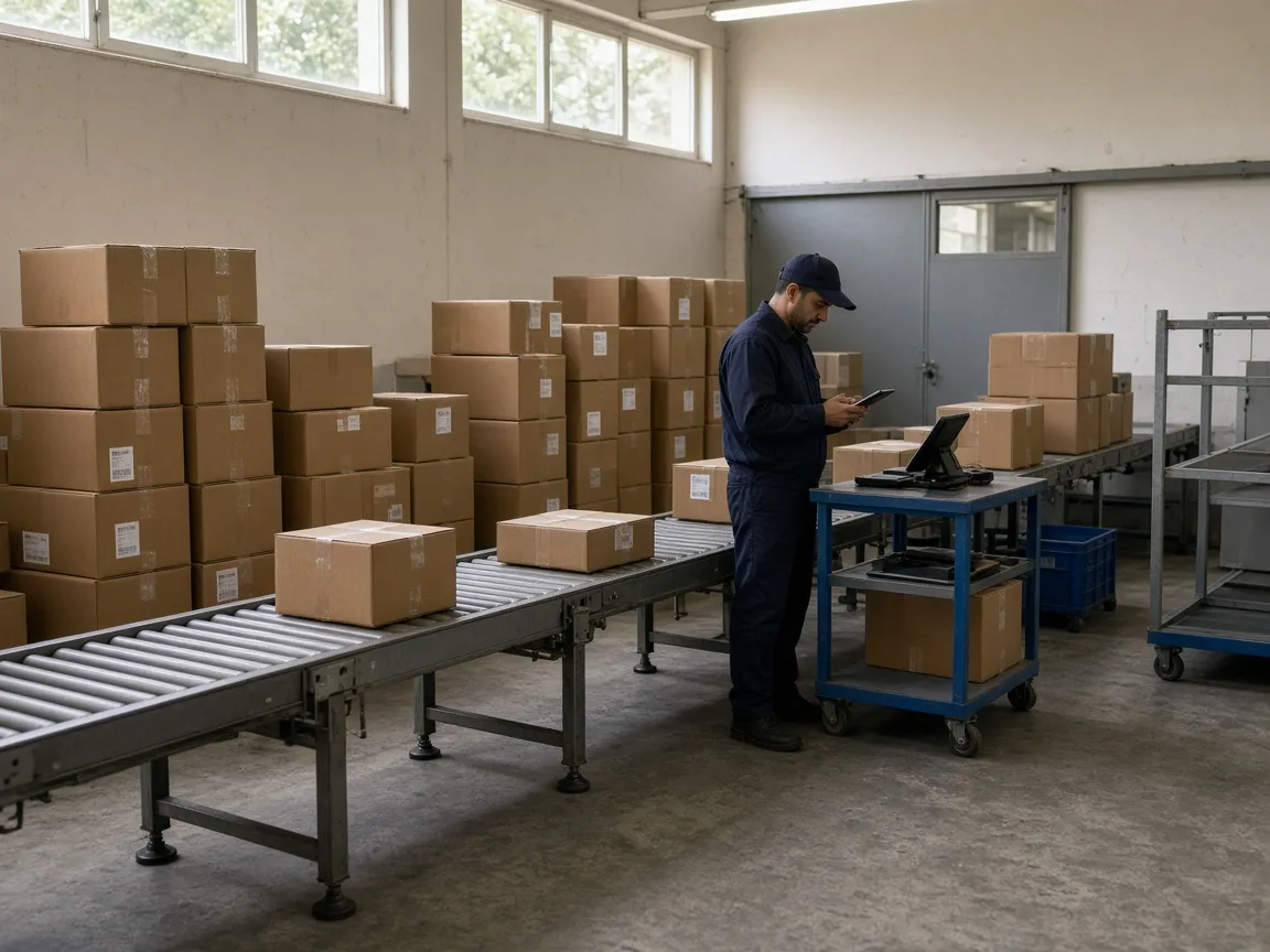 Staff member at a paused parcel conveyor in a quiet dispatch area.