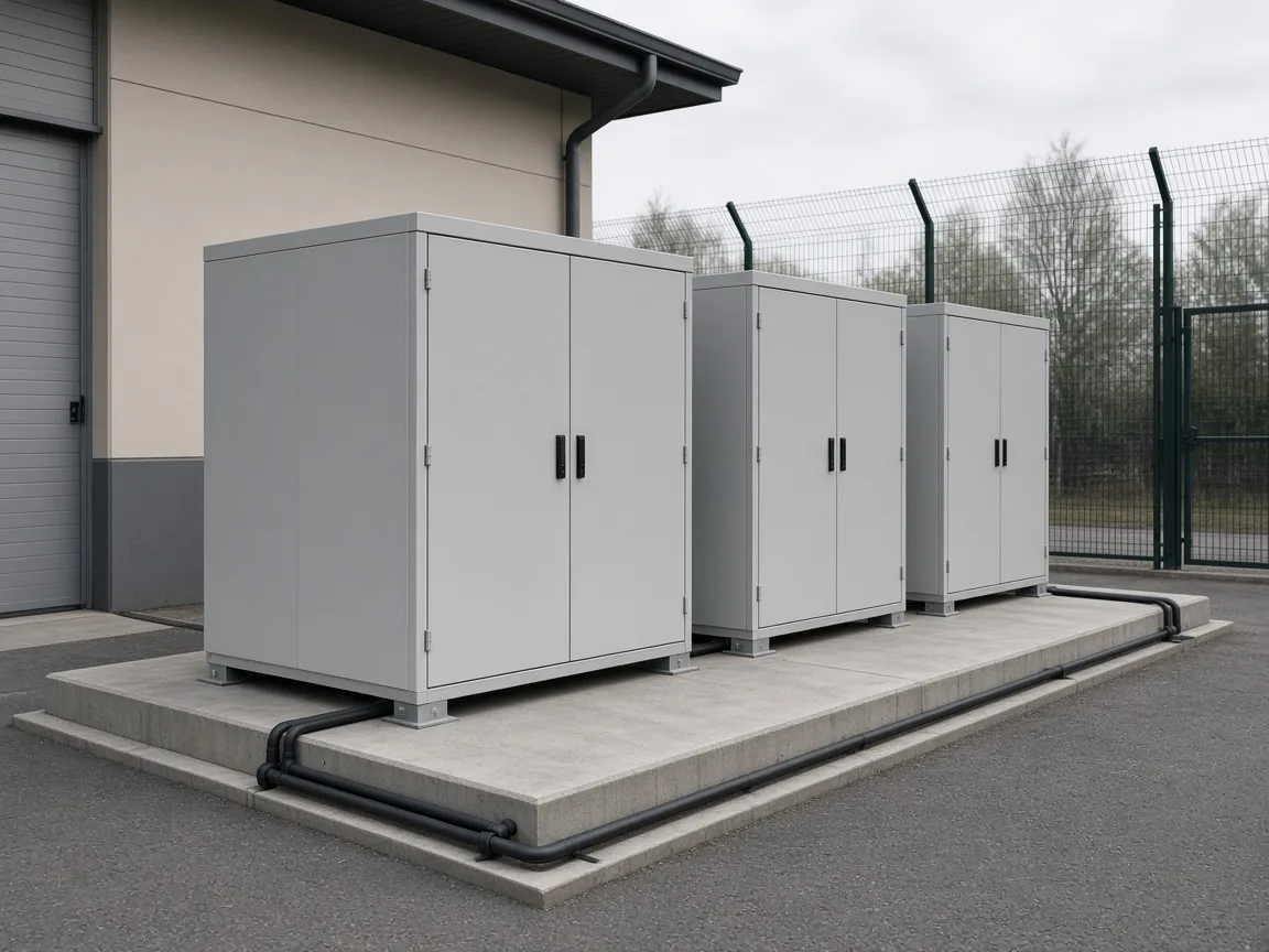 Unbranded commercial battery enclosures in an exterior service yard.