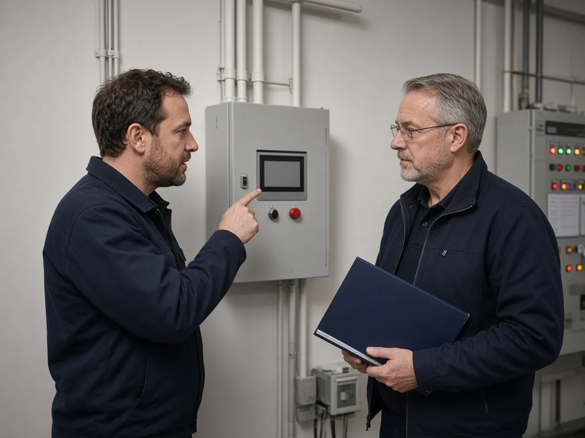Engineer explaining a wall-mounted control panel to a facilities operator.