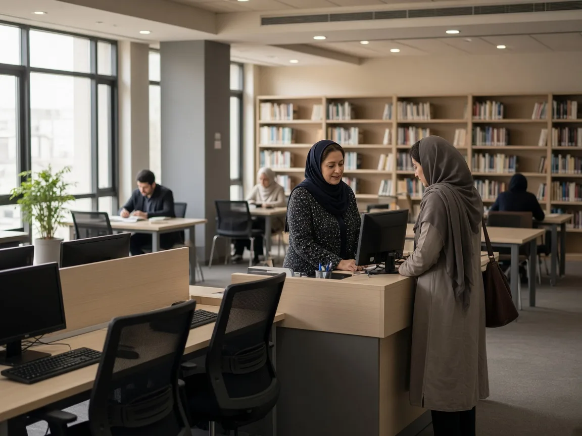Librarian helping a visitor in a public library computer area.