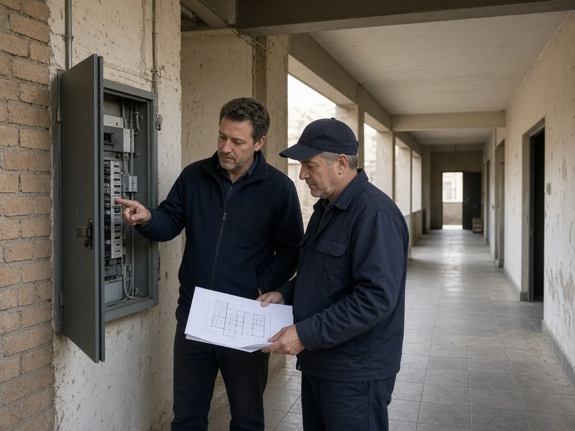 Engineer and caretaker reviewing an enclosed panel in an institutional corridor.