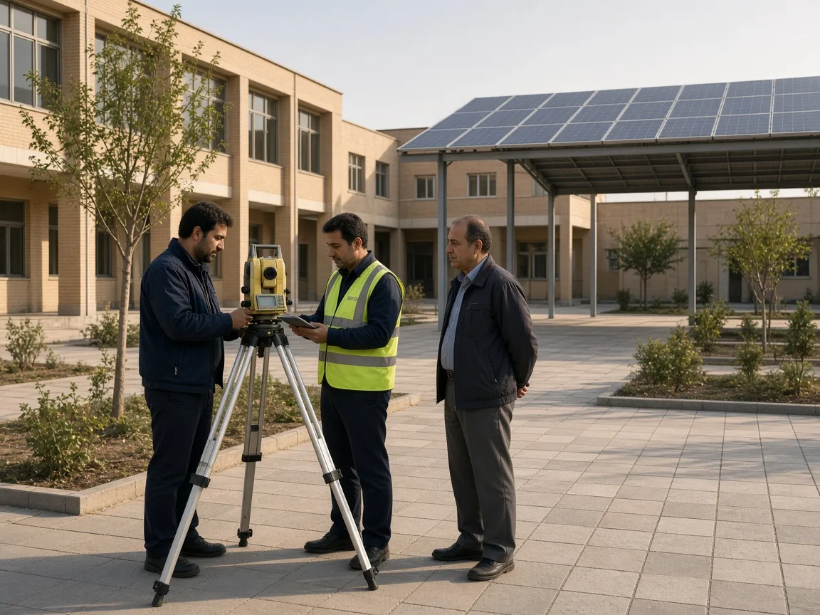 Survey team with a tripod instrument in an educational campus courtyard.