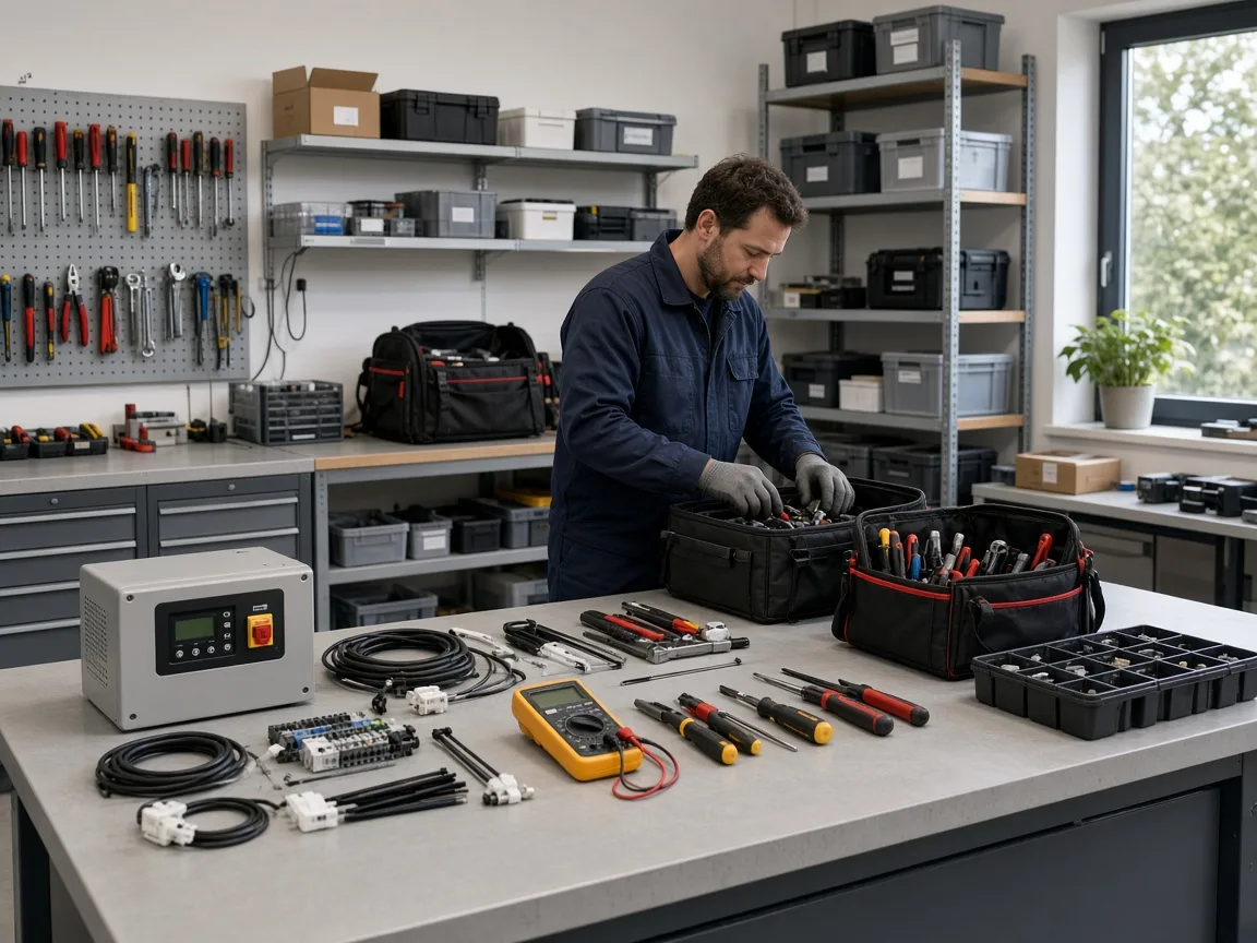 Solar workshop bench with tools and a technician preparing a site kit.