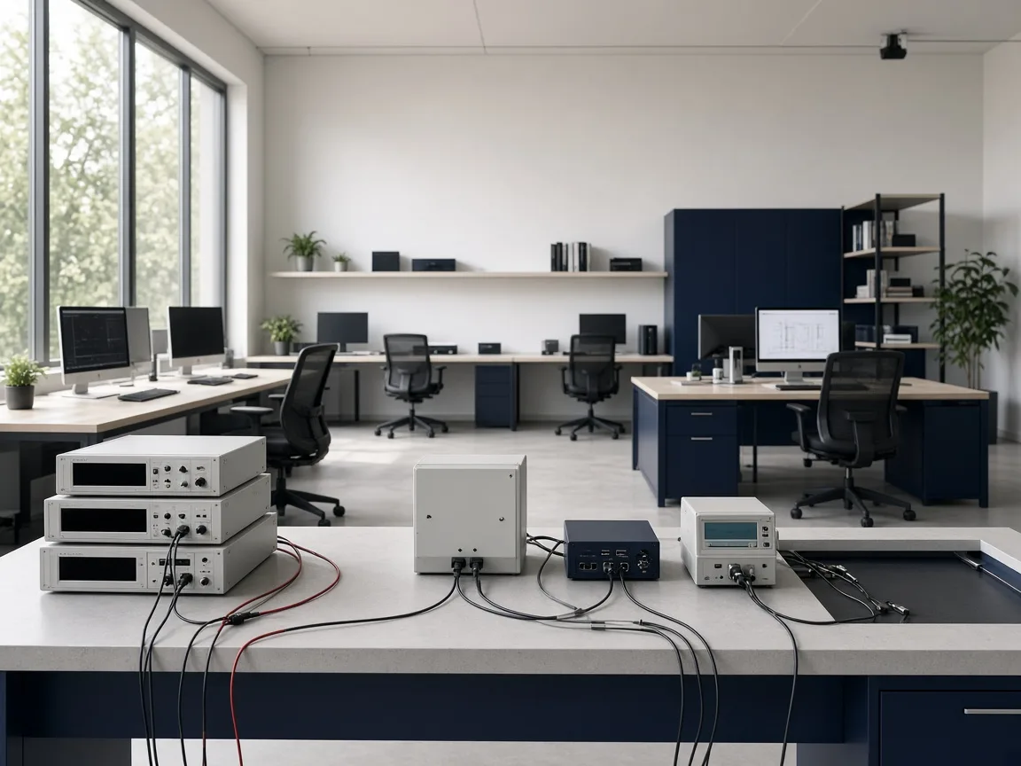 Energy studio with a testing bench in front and desks behind it.
