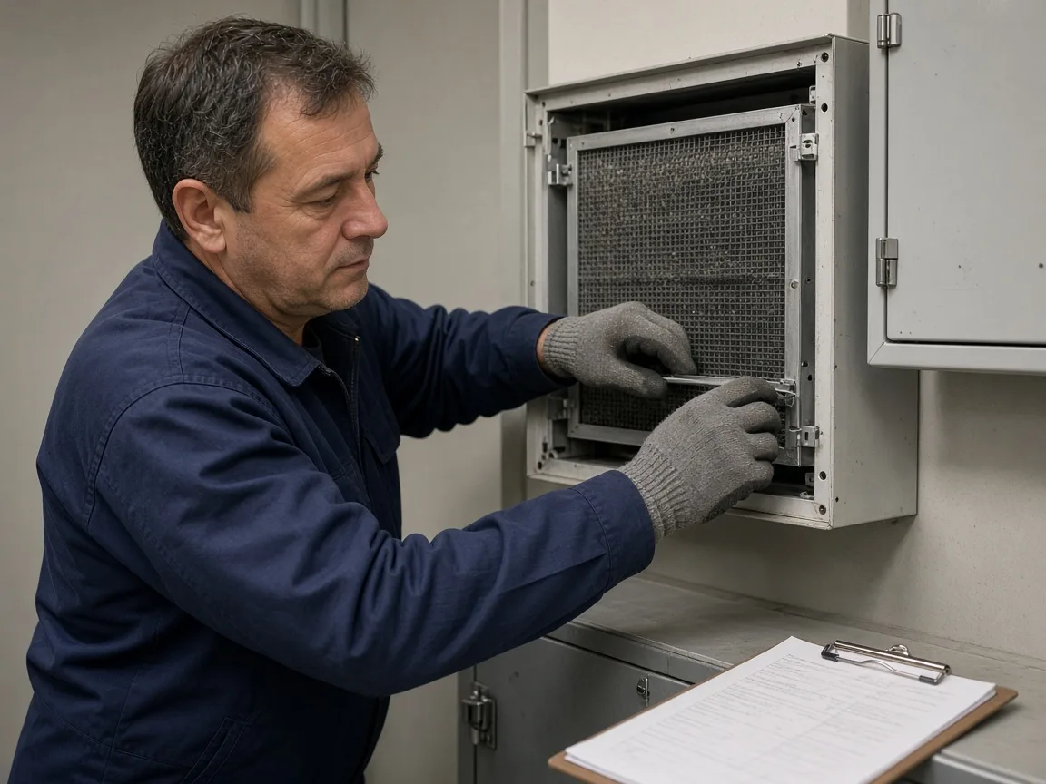 Technician checking a ventilation filter beside a closed electrical enclosure.