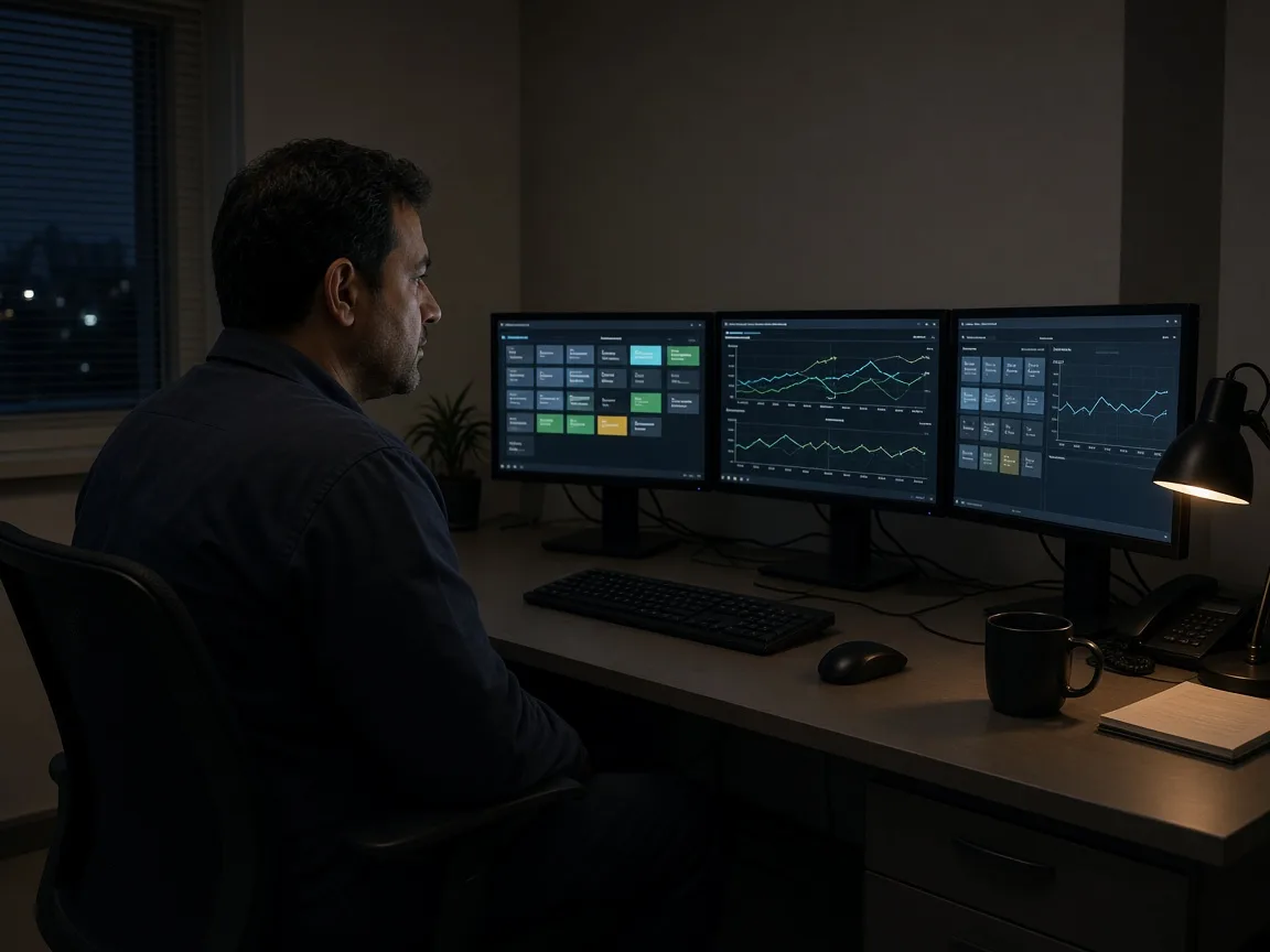 Specialist at three evening monitors showing unreadable status grids.