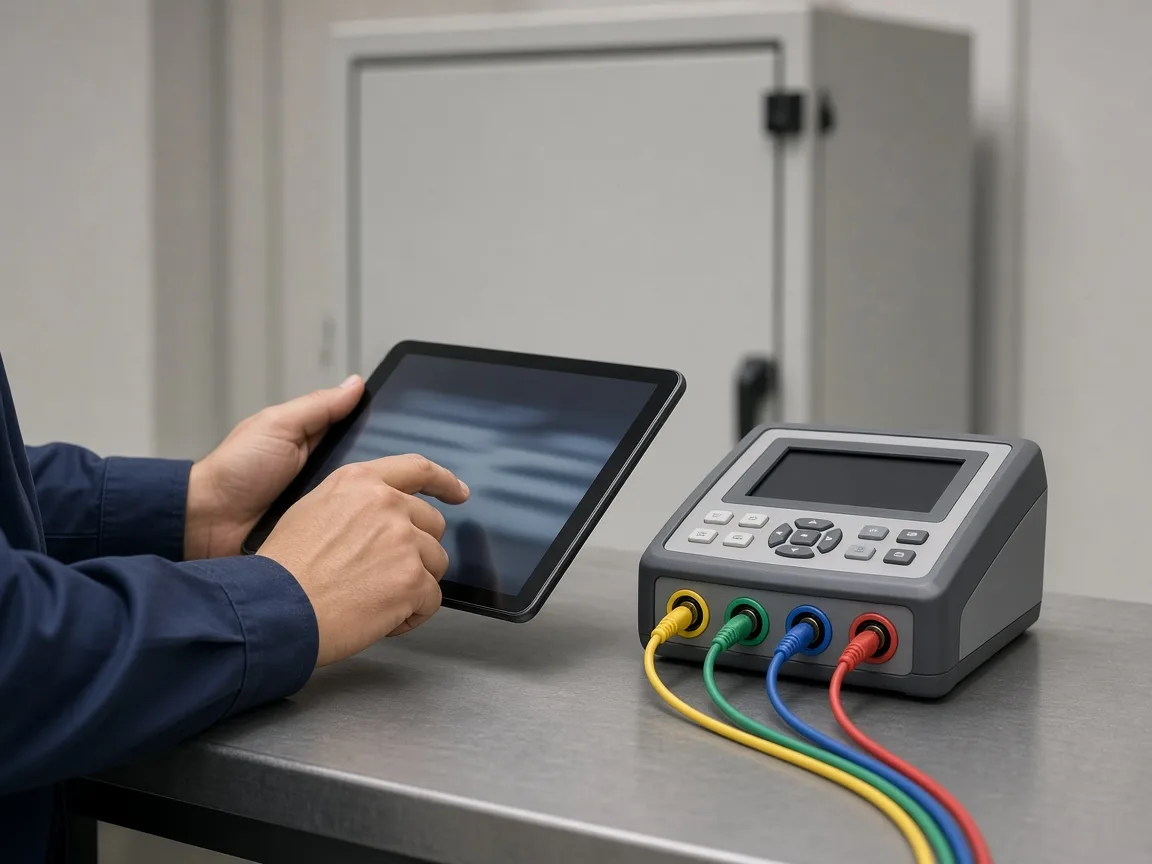 Planner using a tablet beside a power-analysis instrument in a service area.