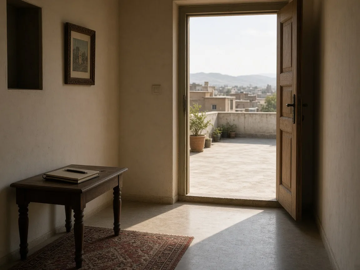 Hallway of a modest home opening toward an empty roof terrace before installation.
