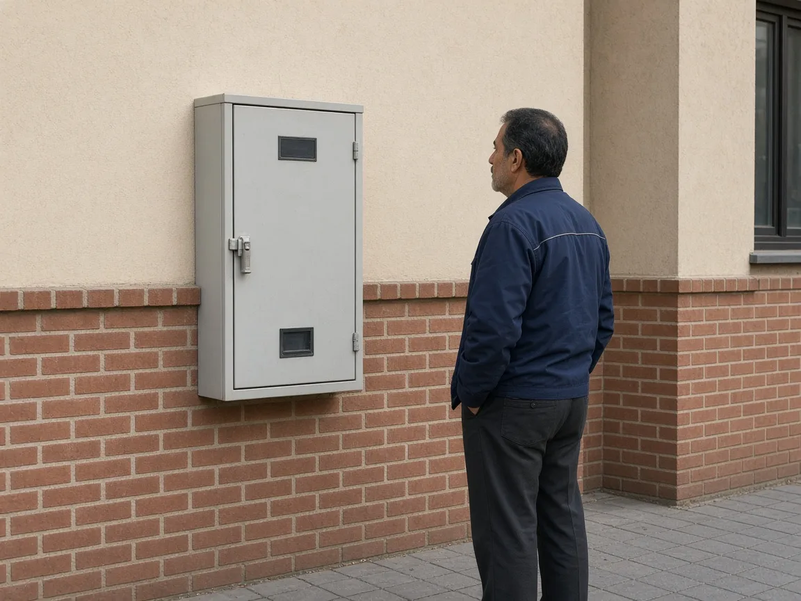 Closed electrical demand cabinet on a commercial facade, seen from a short distance.