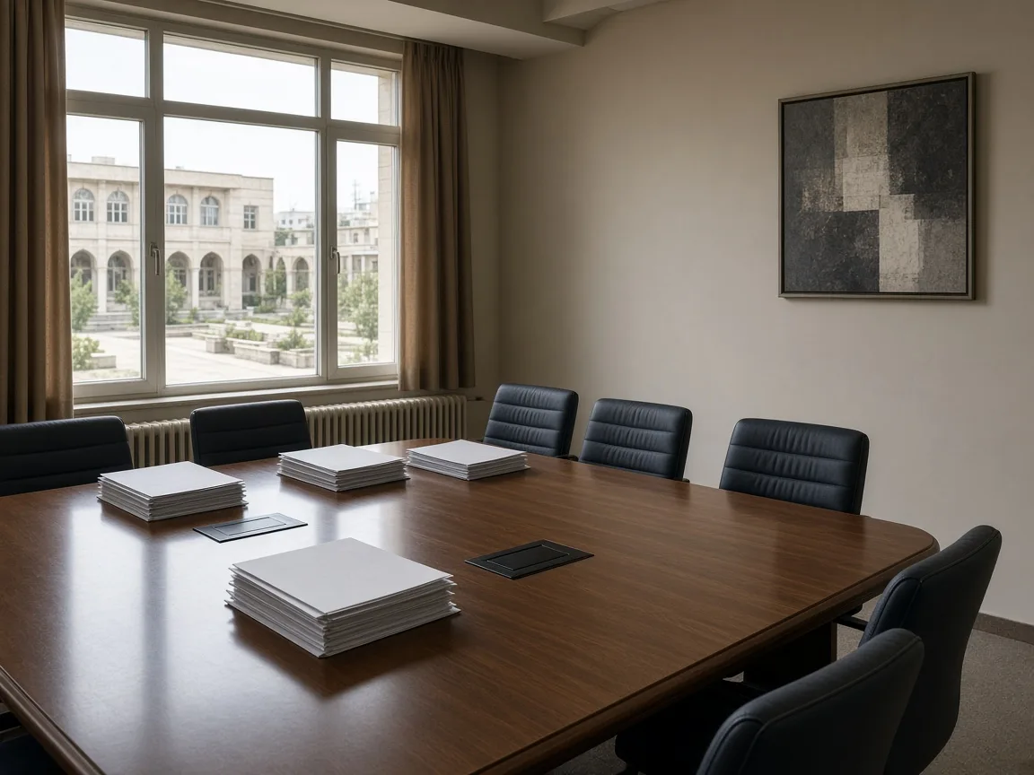 Empty civic meeting table with unlabeled folders and a courtyard window.