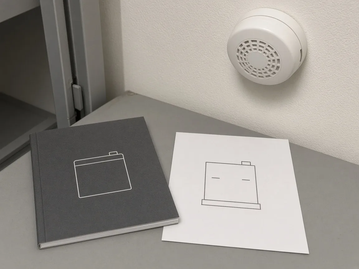 Closed battery manual and an unlabeled sketch beside a smoke detector.