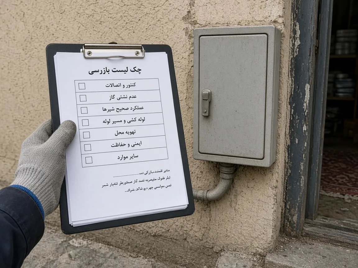 Gloved hand holding a checklist beside a closed utility meter box.