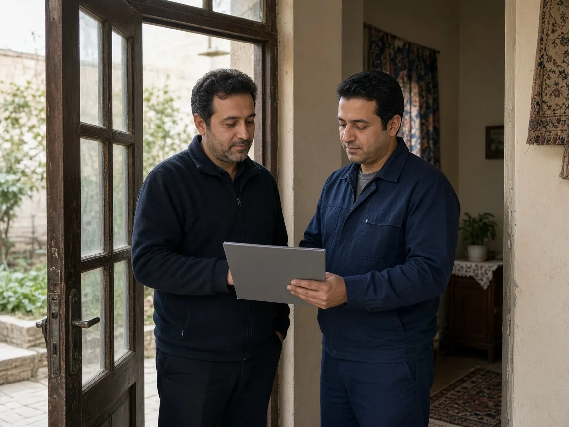 Homeowner and installer reviewing a closed folder inside a front doorway.