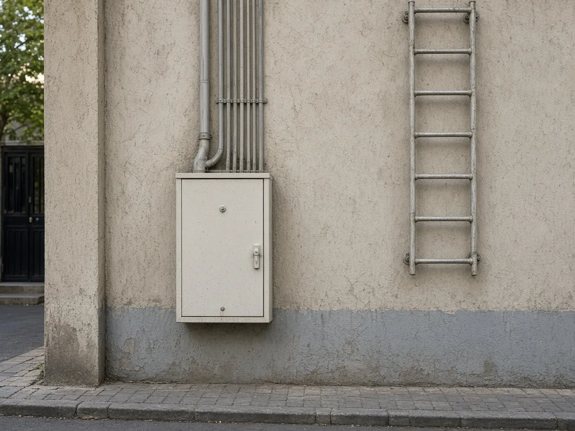 Closed street-side meter cabinet and conduit on a plastered commercial wall.