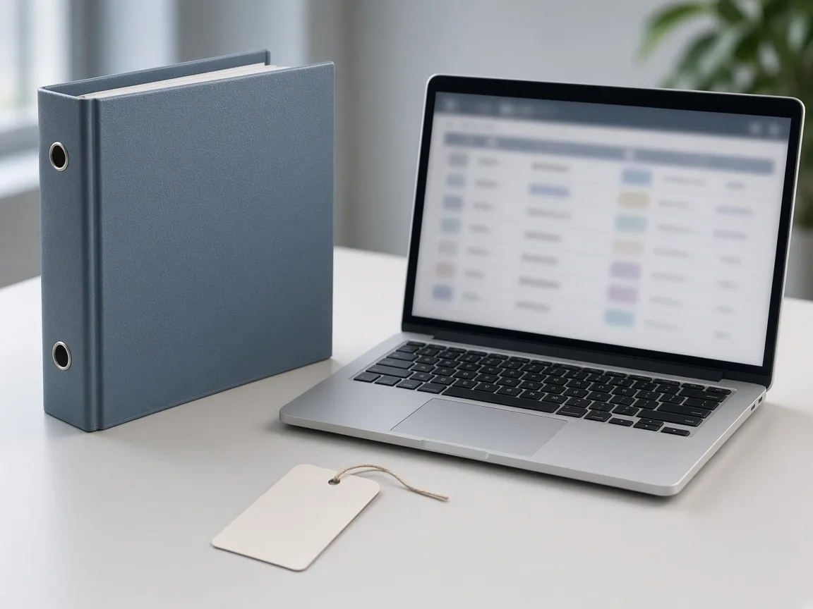 Versioned binder and a laptop with a blurred table on a clean desk.