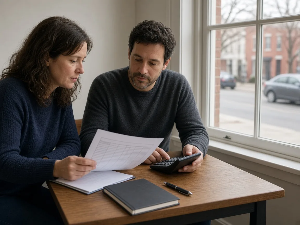 Two people comparing a blank worksheet and a calculator beside a street window.