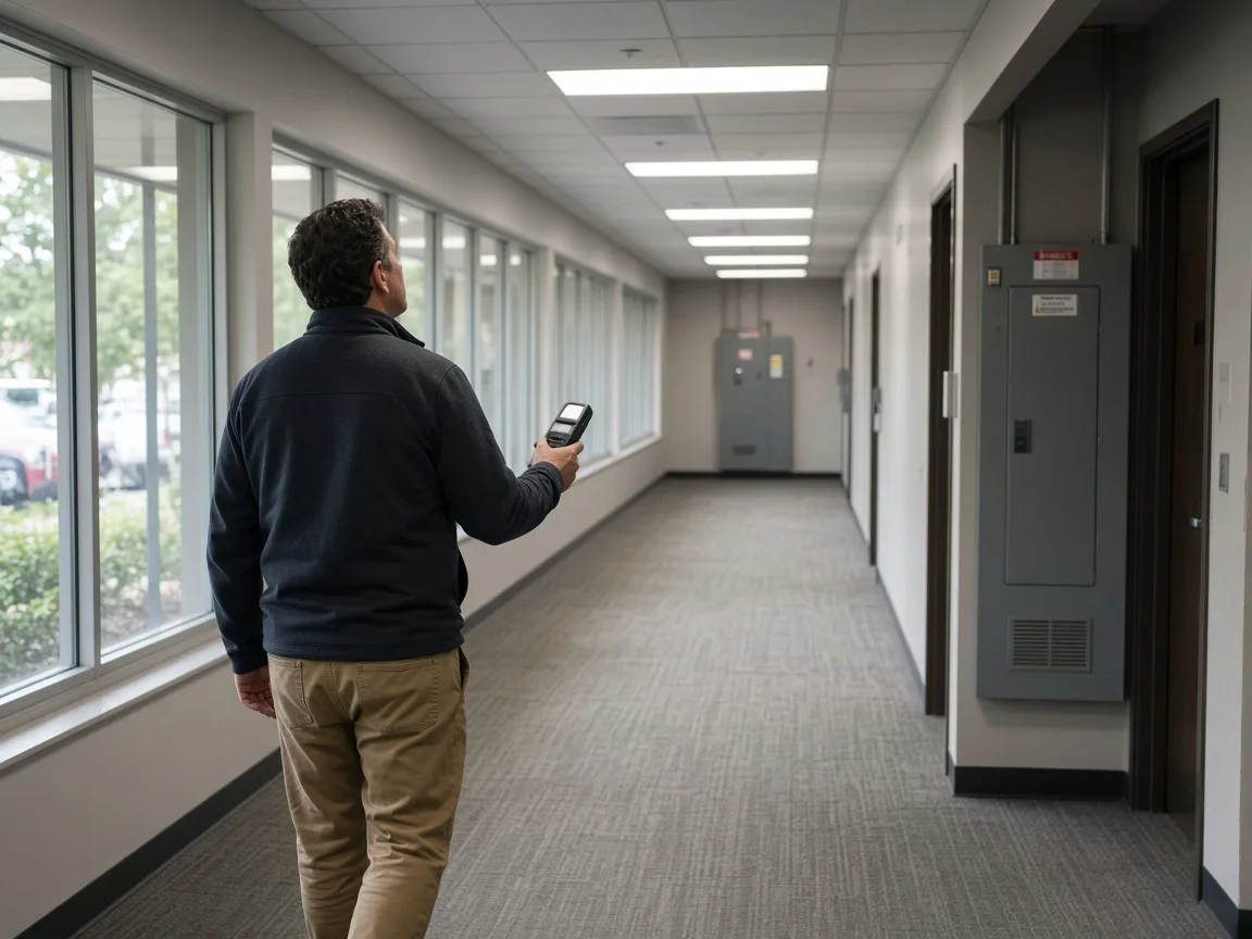 Auditor with a light meter walking a commercial corridor past ceiling lights.