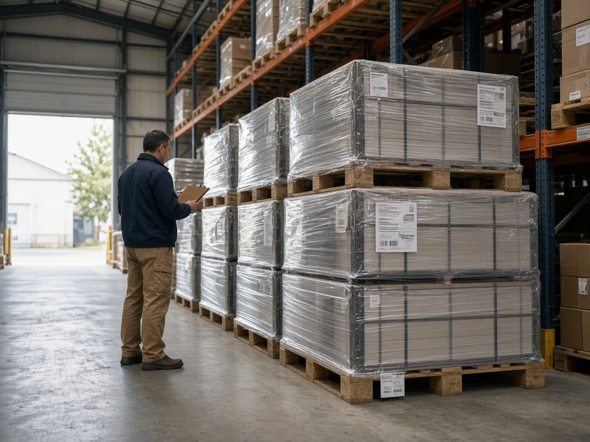 Crated equipment in a warehouse aisle while a worker checks a delivery.