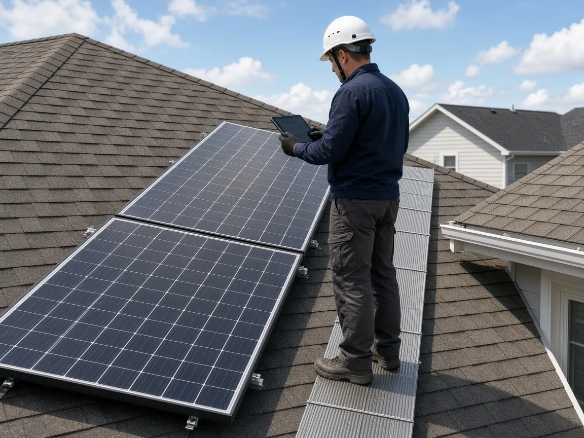 Technician on a roof walkway recording two solar modules on a tablet.