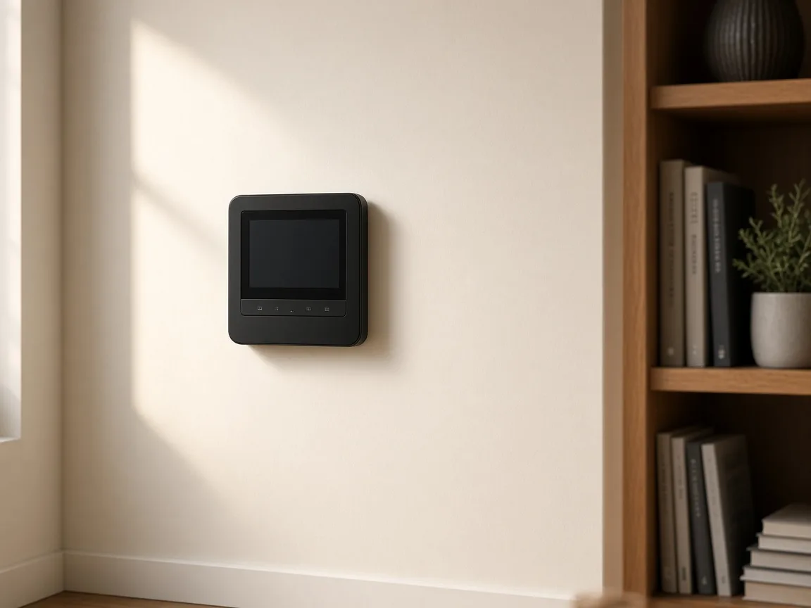 Small wall-mounted home energy controller with a dark screen in a living-room corner.