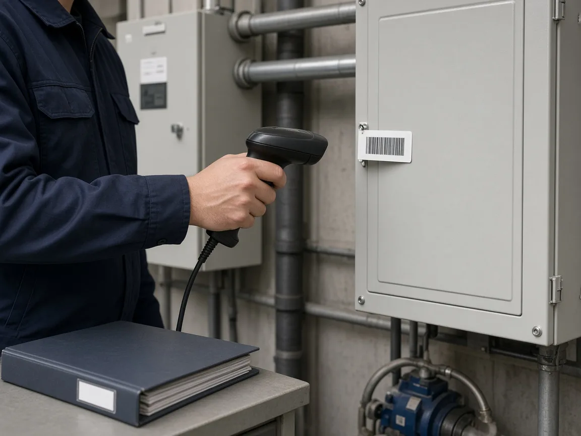 Person scanning an unlabeled tag on an enclosure beside a closed asset binder.