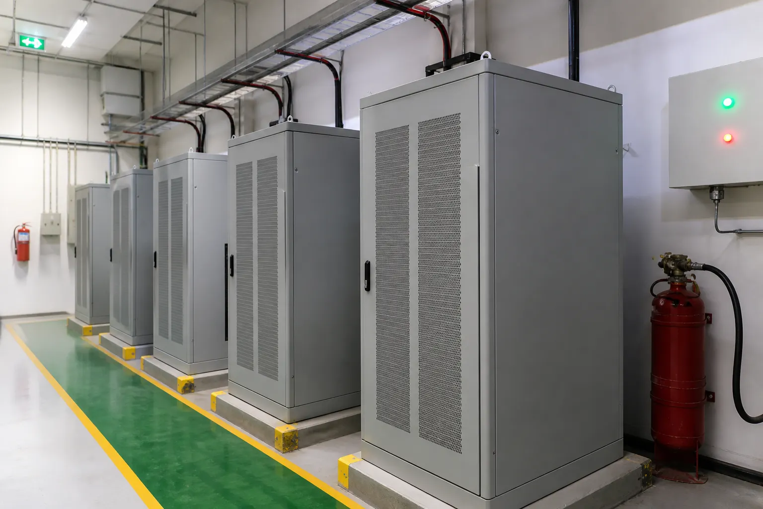 Row of commercial battery cabinets in a clean industrial electrical room.